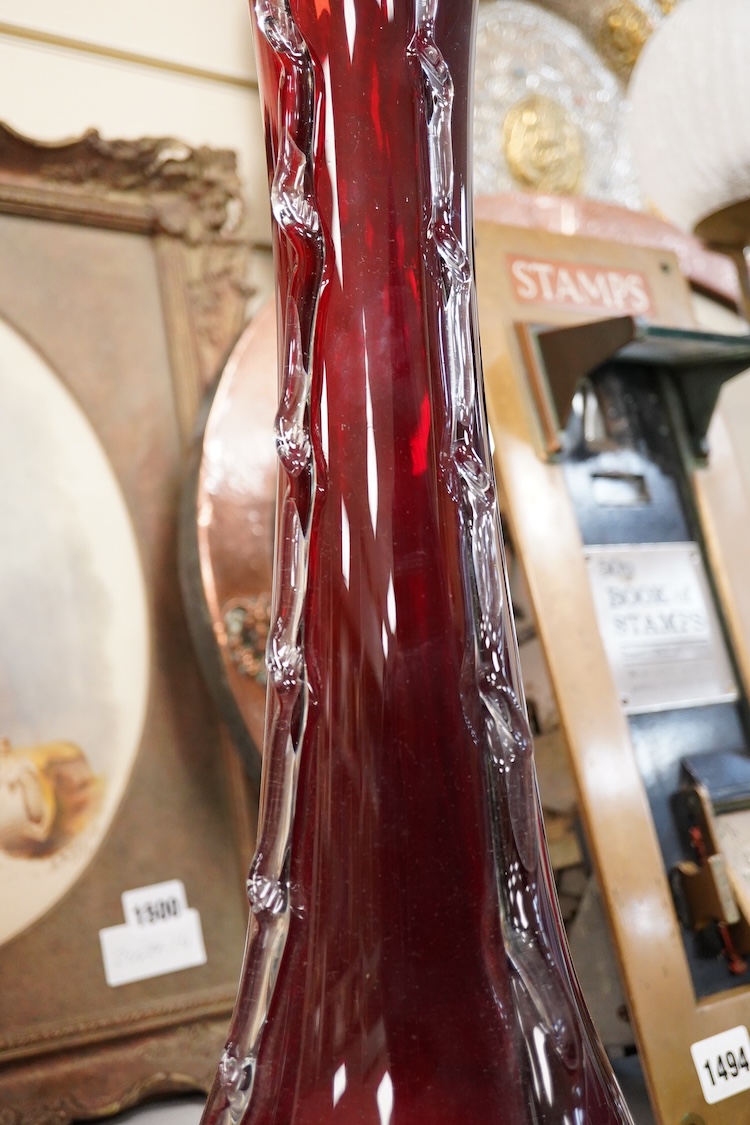 A pair of tall ruby and clear glass vases, 51cm high